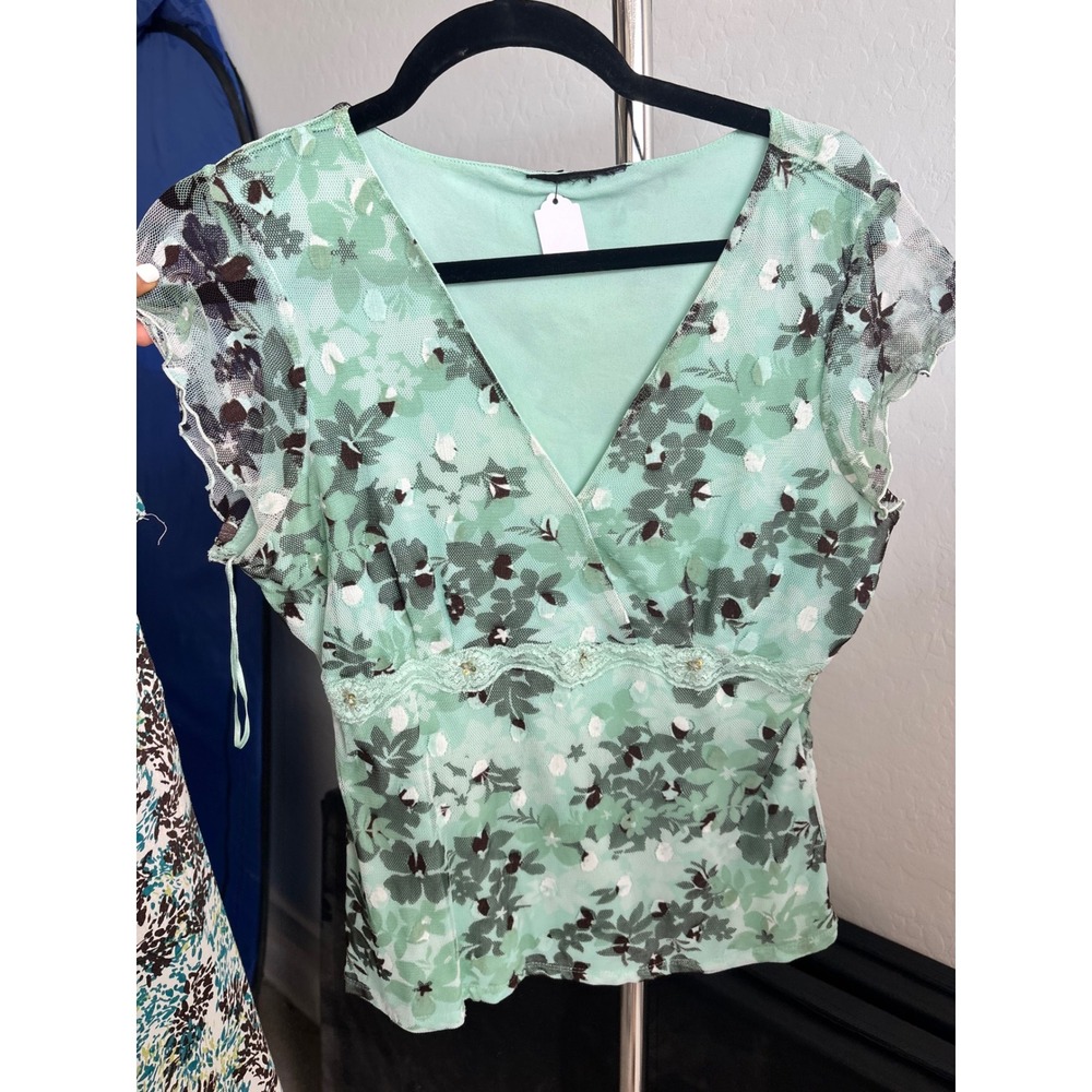 Y2K Floral Mesh Top Fairycore Sage Green Lace V-Neck Blouse Vintage Cottagecore